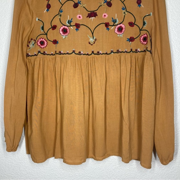 JODFL Boho Floral Embroidered Rayon Top Small Long Sleeves Tan Flowy - Picture 6 of 15